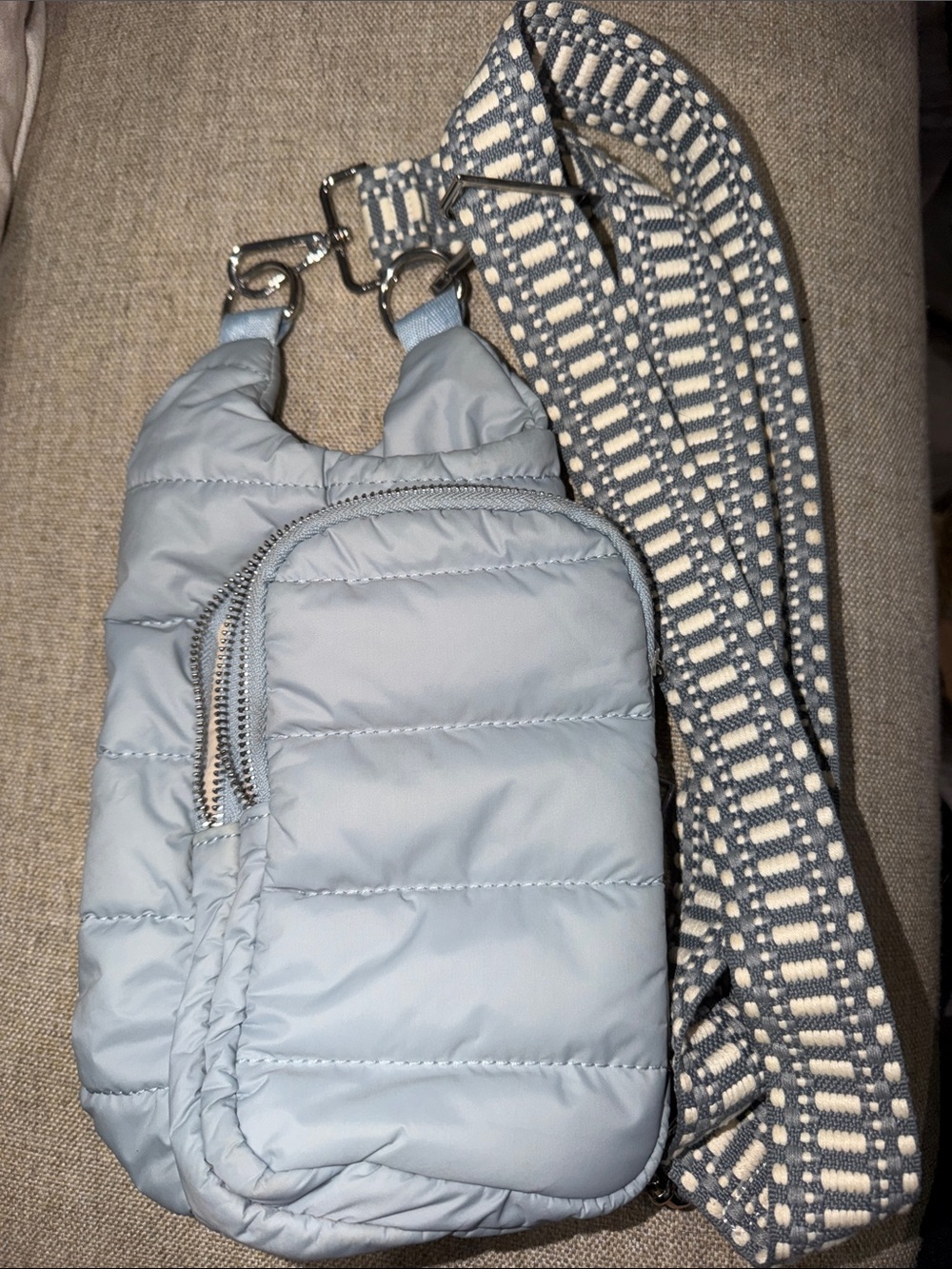 Light Blue Quilted Puffer Crossbody Bag with Patterned Strap